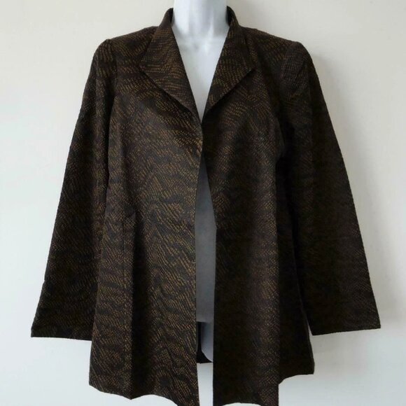 NWT EILEEN FISHER Black Silk Blend Jacquard Stand Collar Open Jacket Size Small - Picture 1 of 7